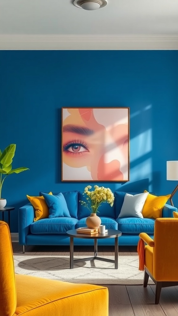 A living room with bold blue walls and yellow accents, featuring a blue sofa with yellow pillows and contemporary artwork.