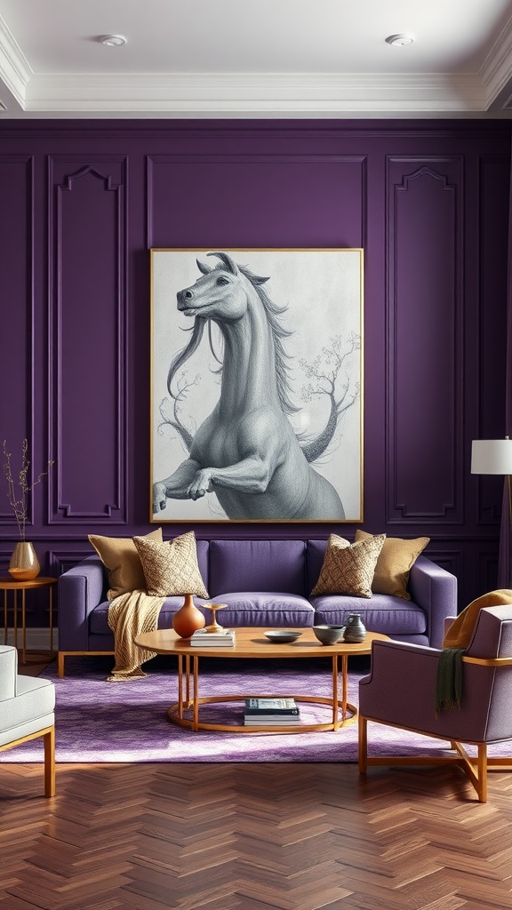 Living room featuring bold purple walls and muted gold accents.
