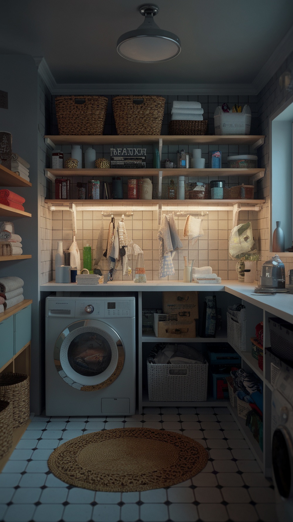 Cozy laundry room with well-lit cabinets and organized shelves