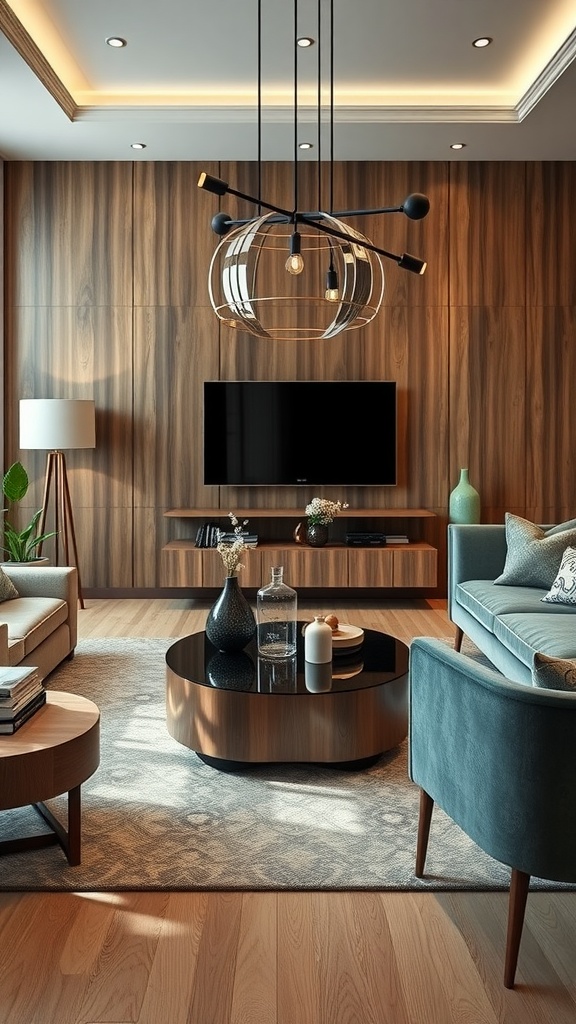 A modern living room featuring a stylish big center table, blue sofas, and wooden accents.