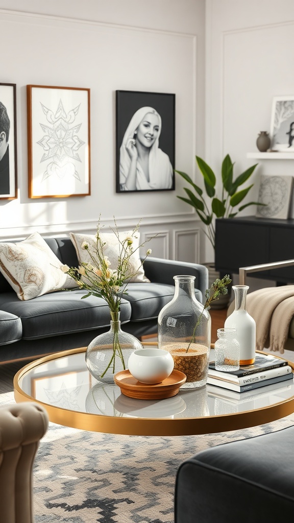 A stylish living room featuring a big center table with decorative items, surrounded by blue sofas.