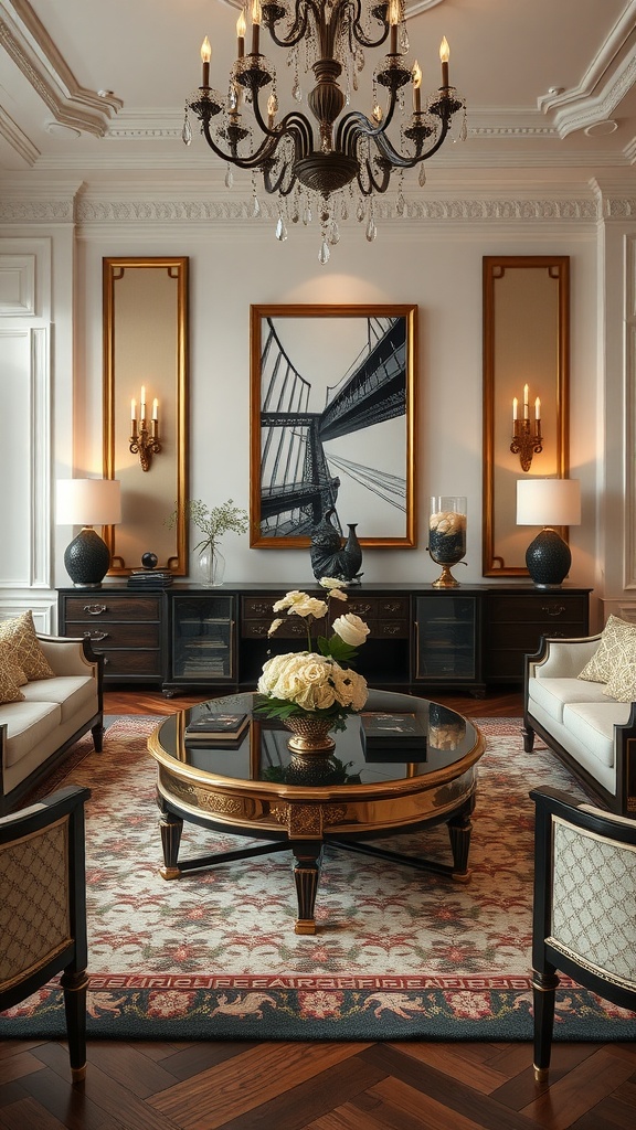 Elegant living room with a round center table, chandelier, and decorative accents.