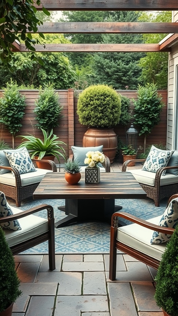 Cozy outdoor living area featuring a wooden center table surrounded by wicker chairs and greenery.