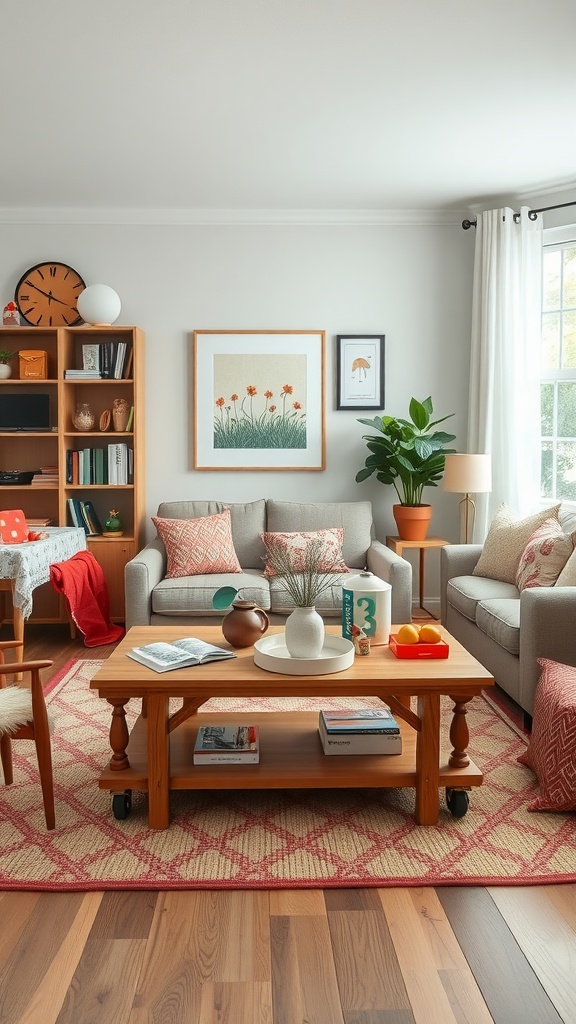A cozy living room with blue sofas, a wood coffee table, and decorative elements