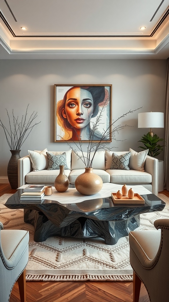 A stylish living room featuring a unique artistic center table, blue sofas, and a captivating artwork on the wall.