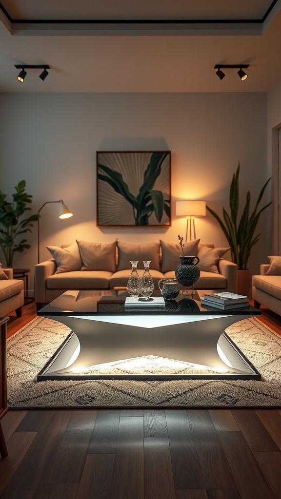 A stylish living room featuring a modern center table with built-in lighting, complemented by cozy couches and decorative plants.