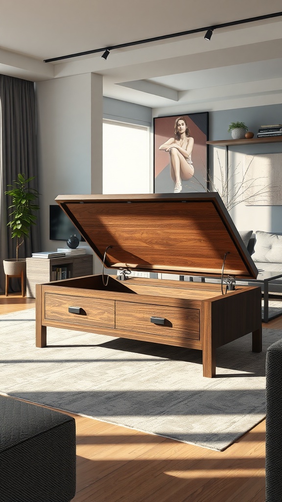 Wood coffee table with built-in storage in a modern living room setting