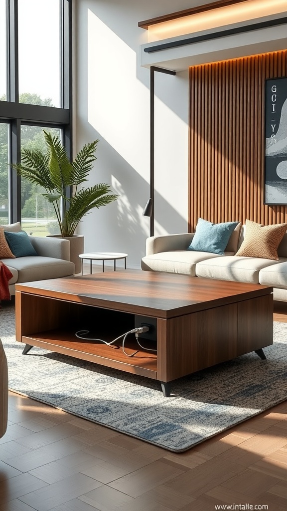 A modern wood center table in a living room with blue sofas and plants, featuring integrated technology.