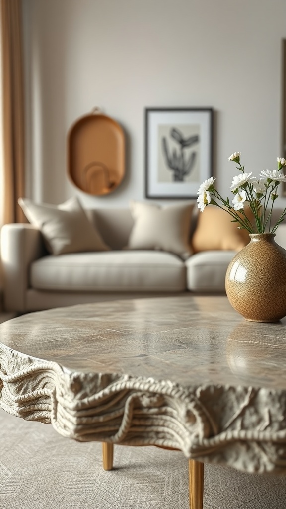 A textured wood coffee table with intricate designs in a Scandinavian living room setting, featuring a vase with flowers and a cozy sofa.