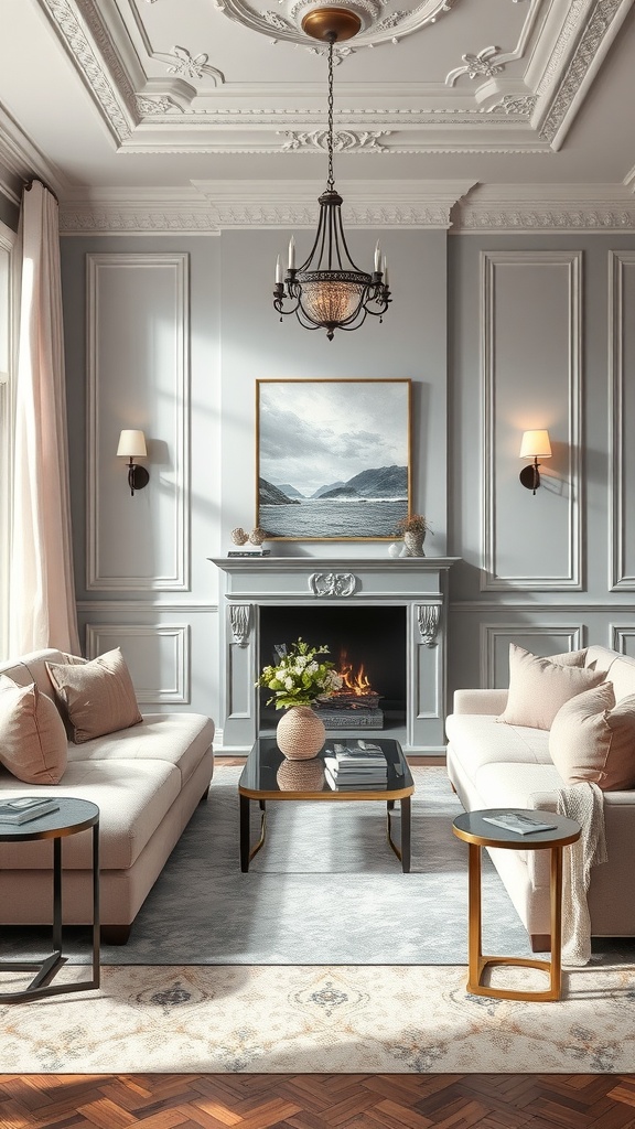 Elegant living room featuring gray walls, blush pillows, and stylish furniture.