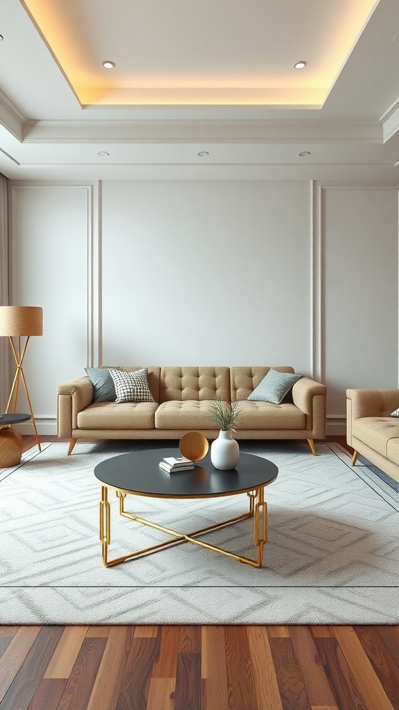 Stylish center table in a cozy living room with beige sofas and modern decor.