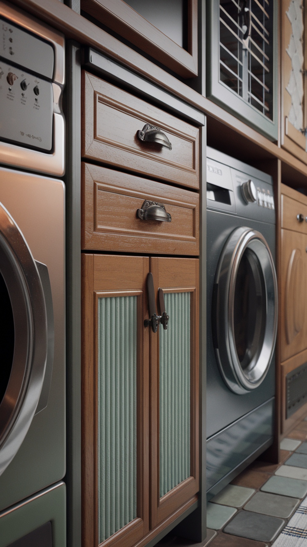 Close-up view of stylish laundry room cabinets with a combination of wood and metal finishes, highlighting durability and design.
