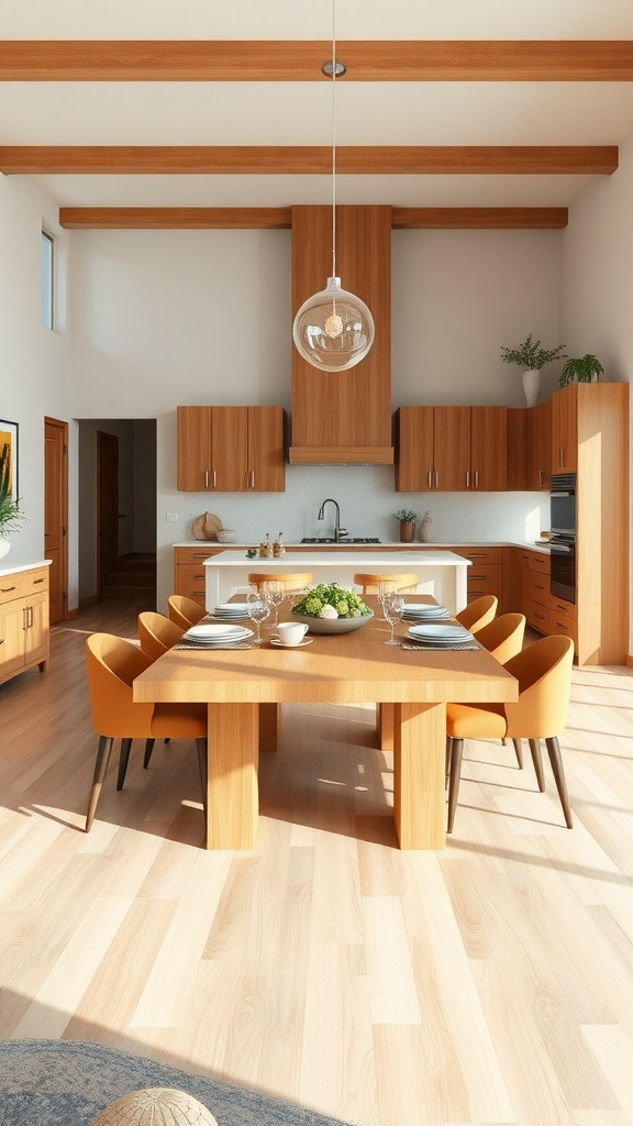A spacious kitchen featuring a stylish island dining table with modern stools.