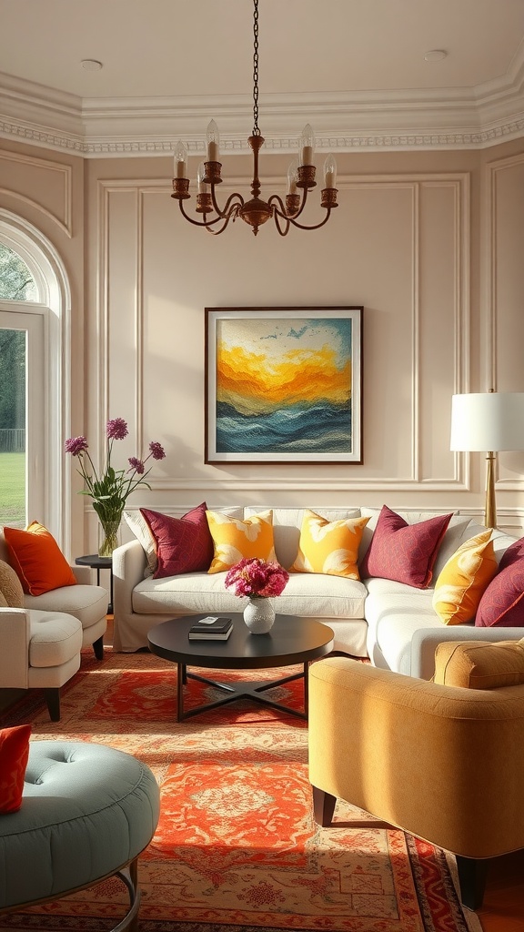 A cozy living room featuring beige walls, colorful cushions, and vibrant artwork.