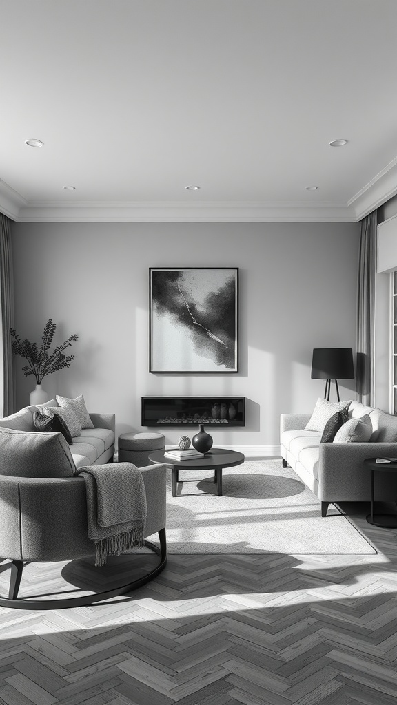 A modern monochrome living room featuring gray tones, sleek furniture, and minimal decor.