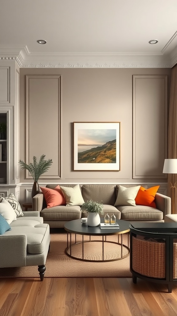 A cozy living room featuring taupe walls, a grey couch with colorful pillows, and a round coffee table.