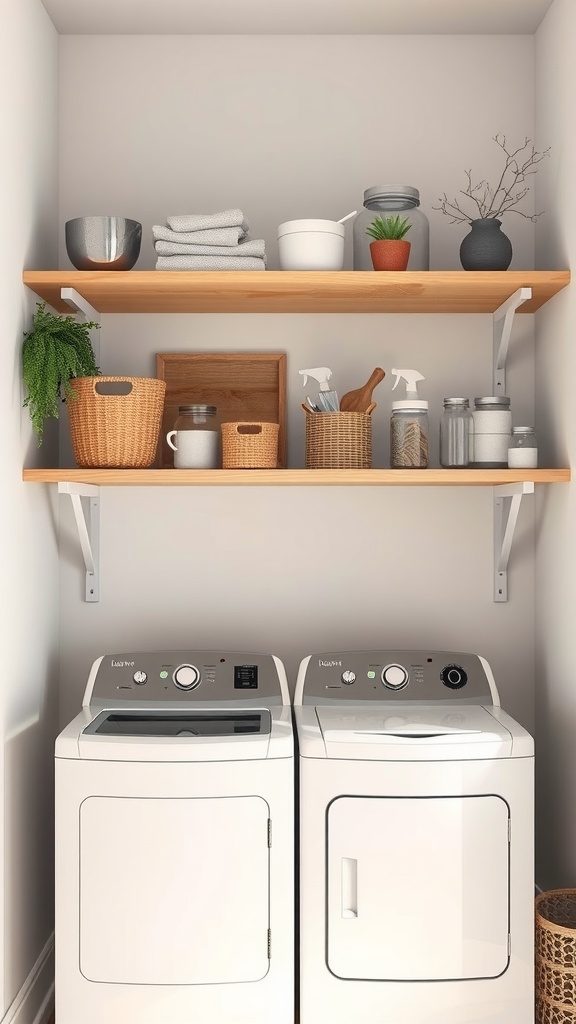 A clean laundry room with white washers and dryers, featuring two wooden shelves above them filled with plants, towels, and storage baskets.