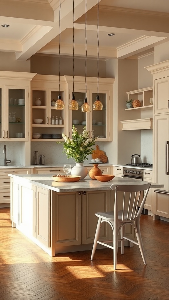 A beautifully designed kitchen featuring a small kitchen island with a dining table setup, light wooden cabinets, and stylish pendant lighting.