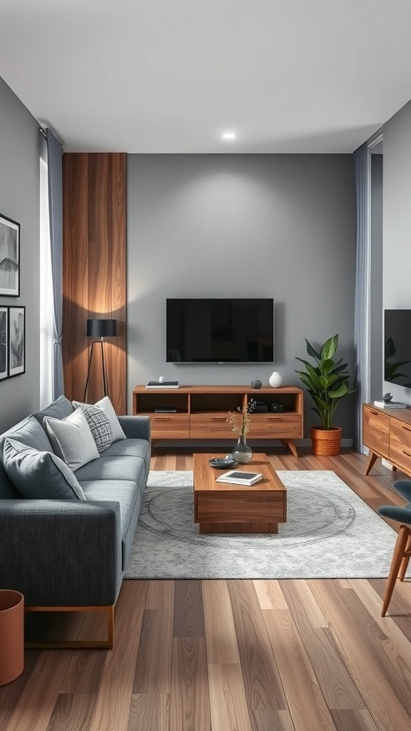 A contemporary living room featuring a gray and wood color scheme with a sofa, wooden furniture, and plants.