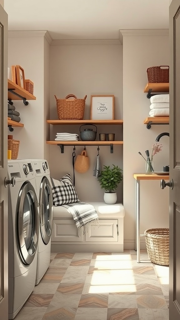 Cozy laundry room nook with seating, organizing shelves, and plants.