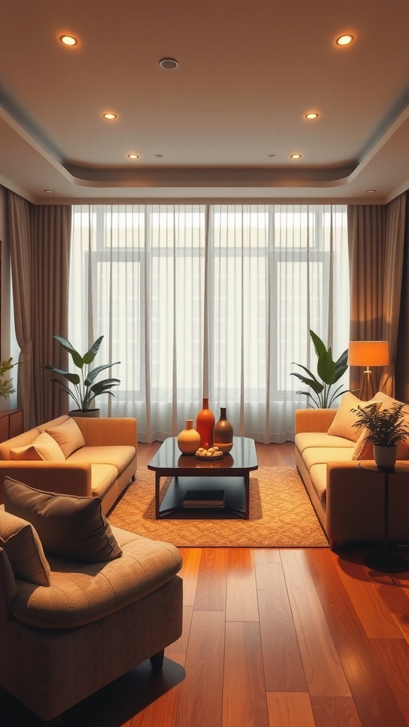 A cozy living room with blue sofas, a wood coffee table, and soft lighting.