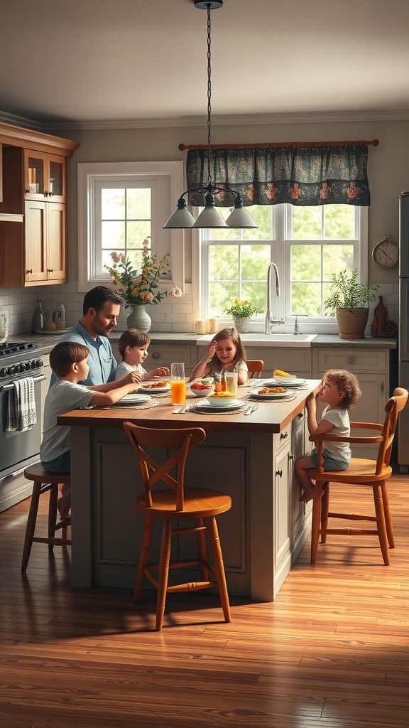 A family gathered around a kitchen island dining table enjoying a meal together.