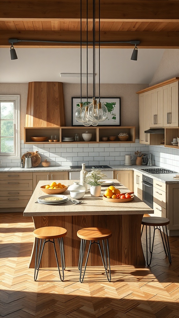 A modern kitchen with a wooden island dining table and stools, featuring fruits and decor