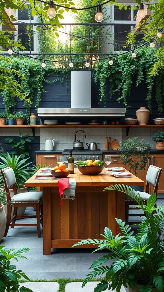 Outdoor kitchen with a wooden island dining table surrounded by plants and lights.
