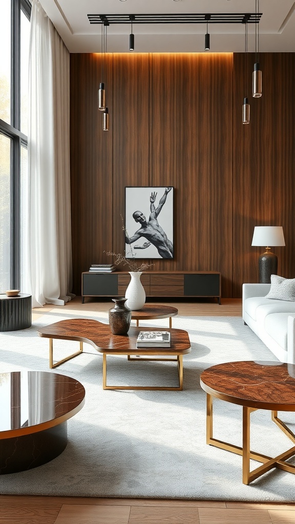 Stylish living room with wooden center tables and white sofa