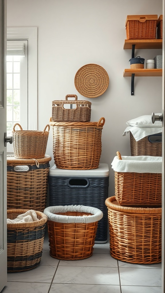 A collection of woven baskets and bins for laundry room storage.
