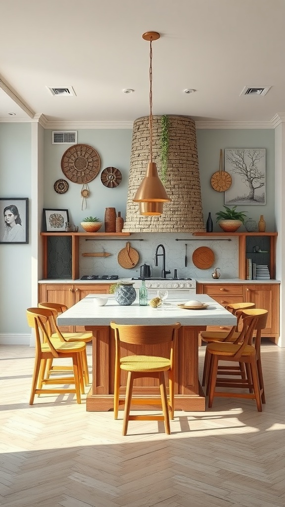 A cozy kitchen island dining table featuring wooden furniture and decorative elements.