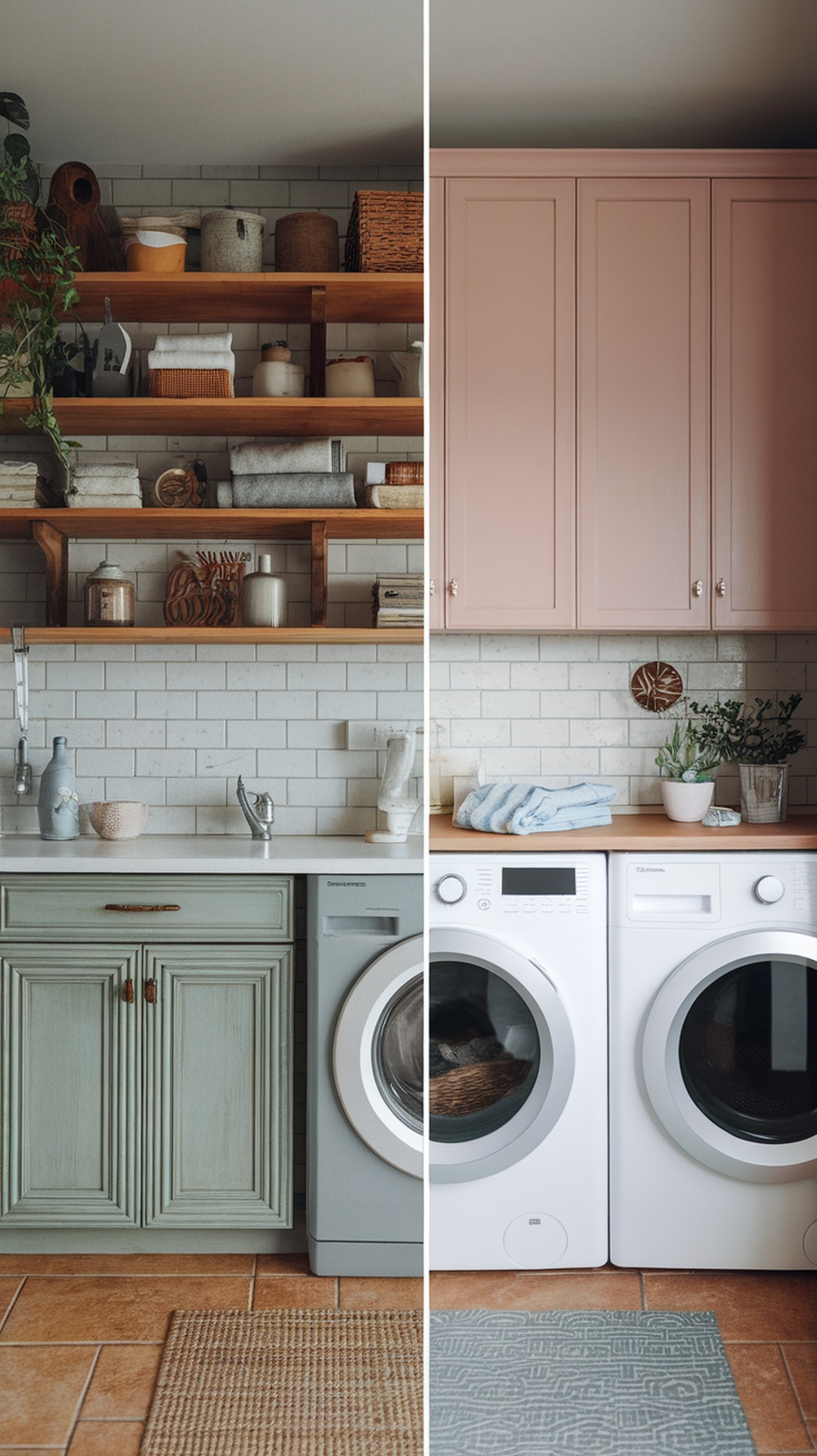 Image showing two laundry room cabinet styles: custom in green and ready-made in pink.