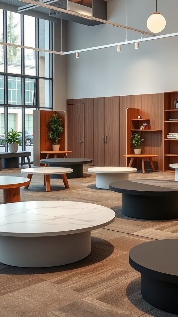 Various customizable center tables in a modern living room setting.