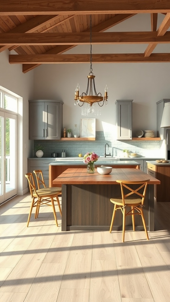 A modern kitchen featuring a wooden dining table in the center, surrounded by chairs, with large windows allowing sunlight in.