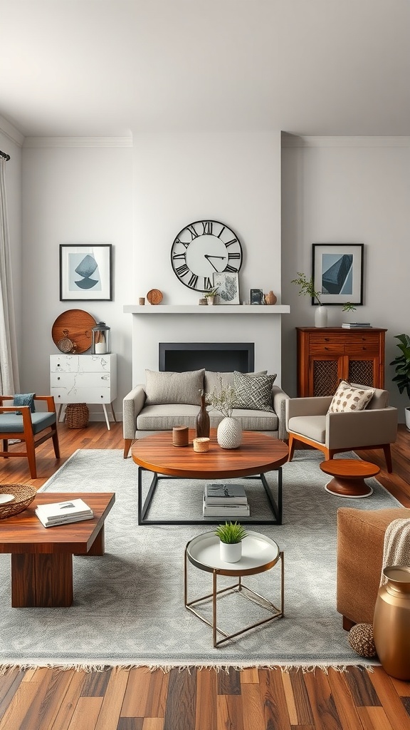A stylish living room featuring a big center table, blue sofas, and wooden accents.