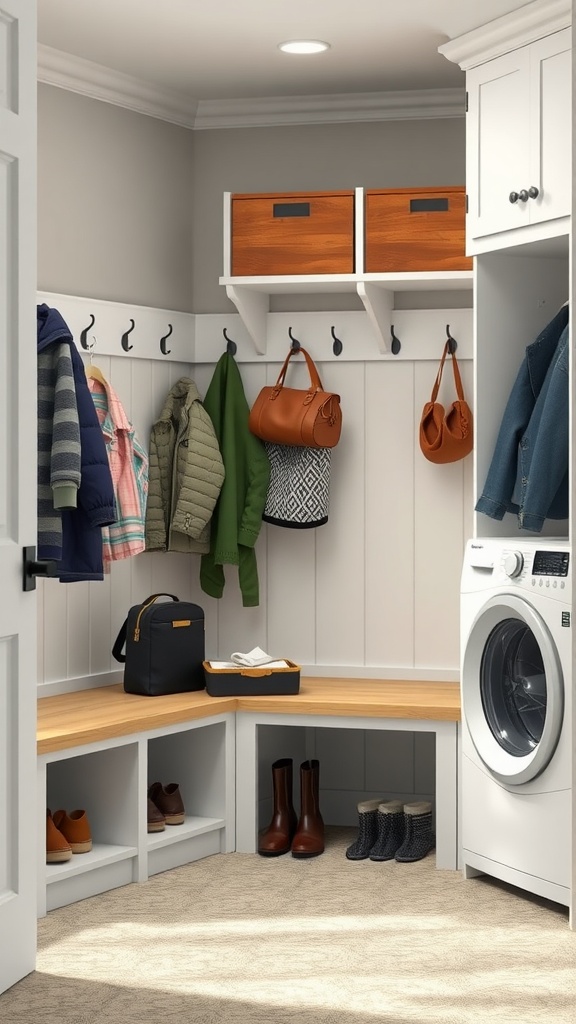 A cozy mudroom-laundry combo featuring hooks for coats, wooden storage boxes, a corner bench, and a washing machine.