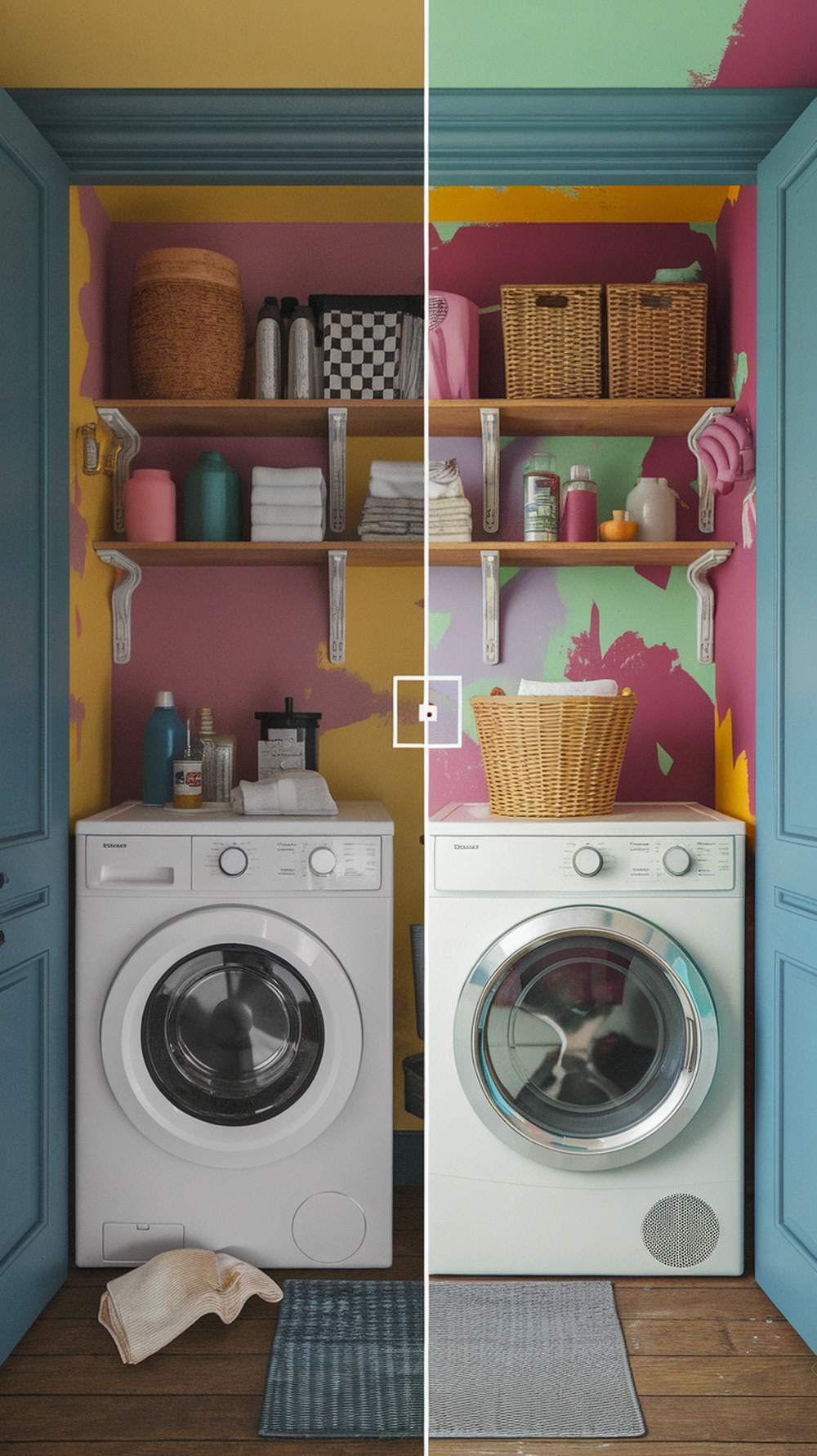 Colorful laundry room with refurbished cabinets and organized shelves