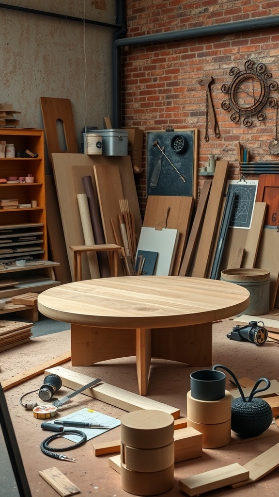A wooden center table in a workshop with various wood pieces and tools around.