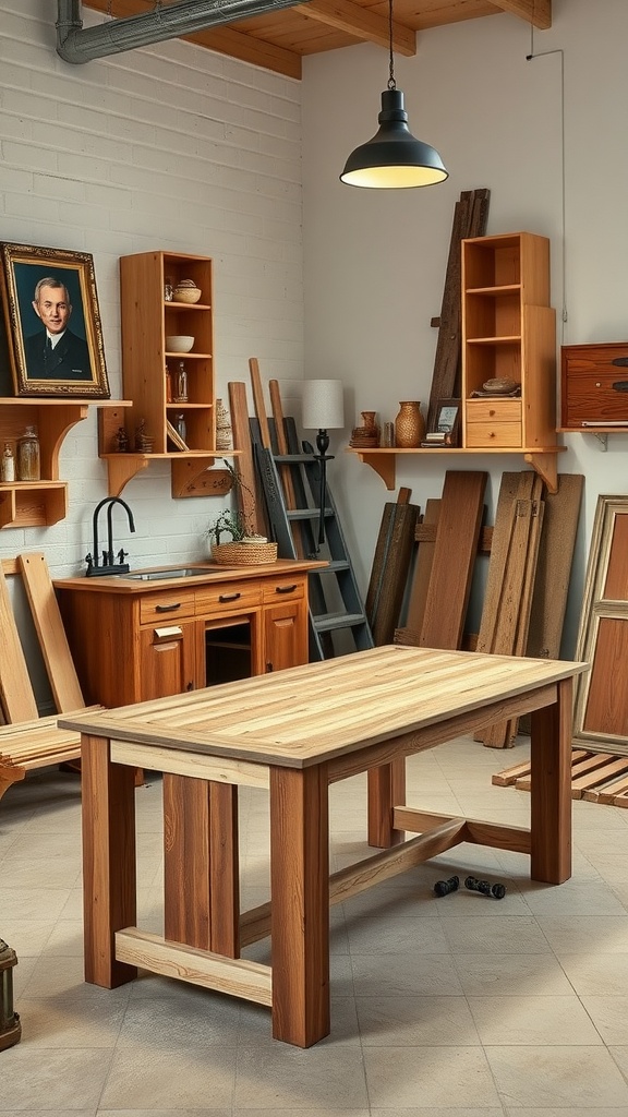 A wooden kitchen island dining table in a workshop with shelves and various items.