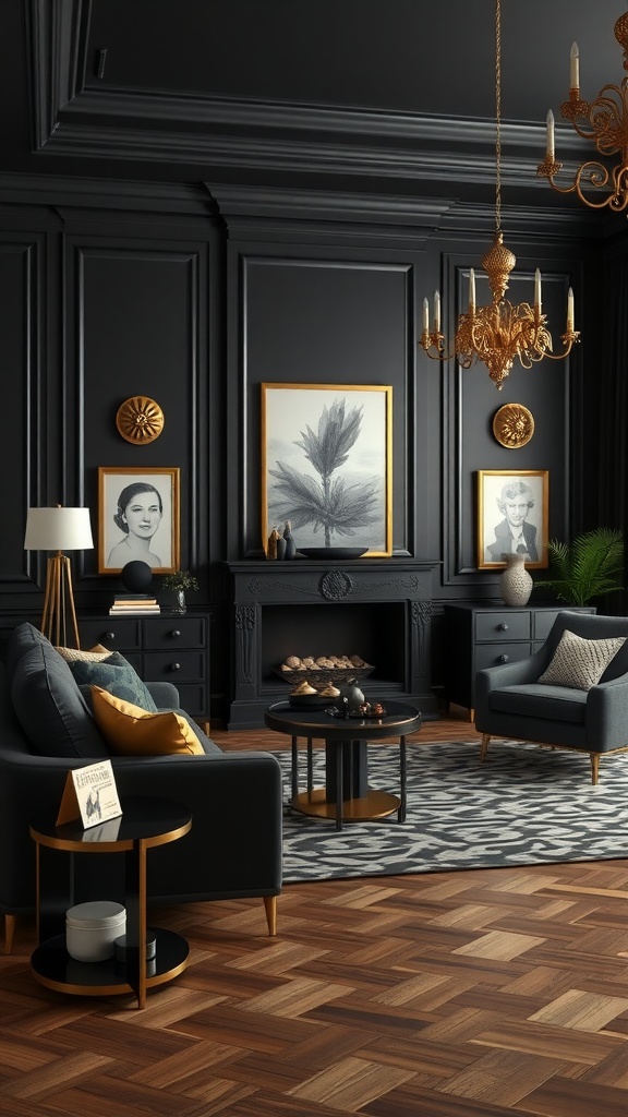 A stylish living room with black walls and gold accents, featuring elegant furniture and decor.