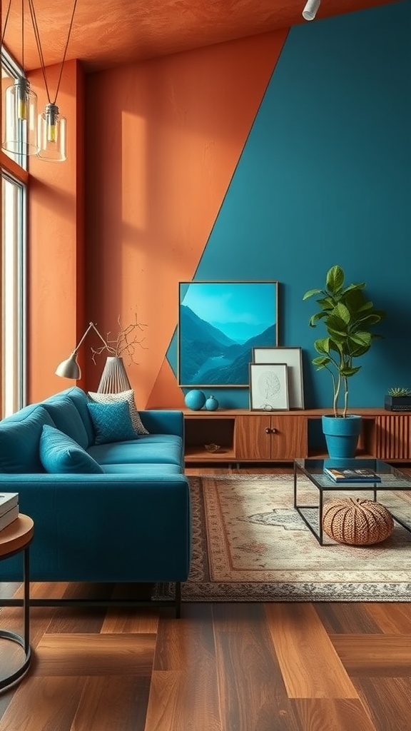 A living room featuring a terracotta and blue color scheme with a blue sofa, wood accents, and plants.