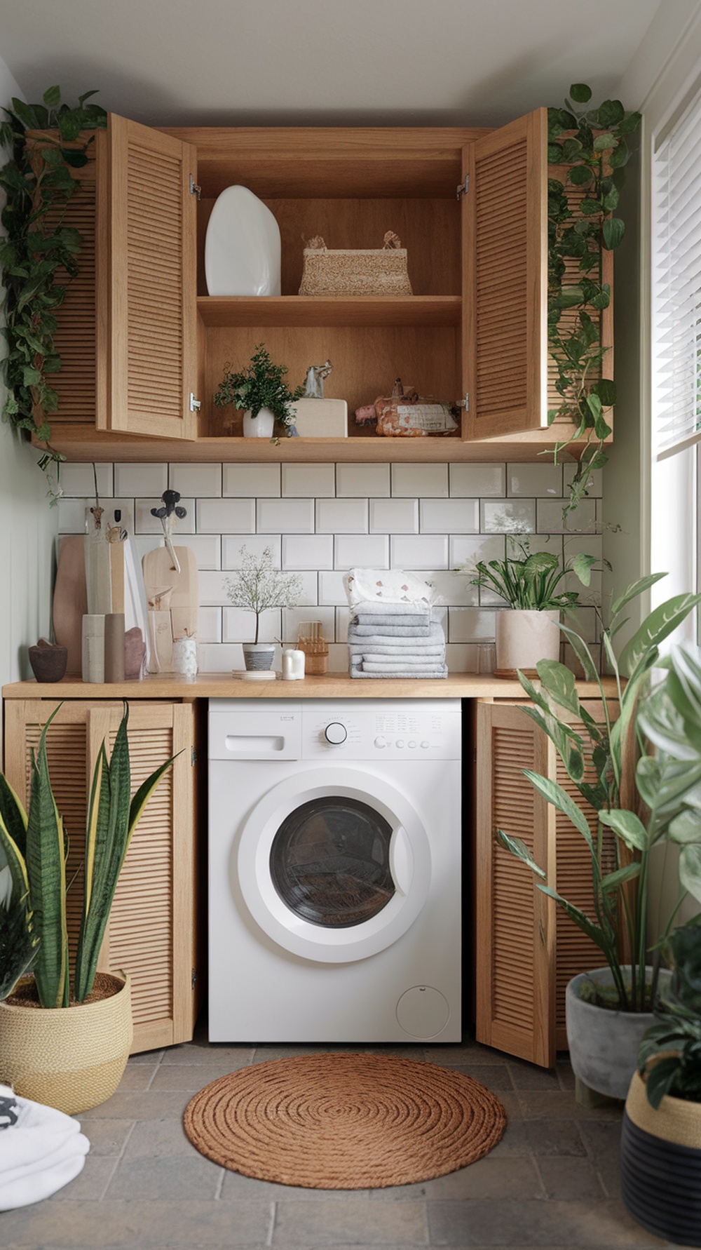 Eco-friendly laundry room cabinets made of wood with plants and organized storage.