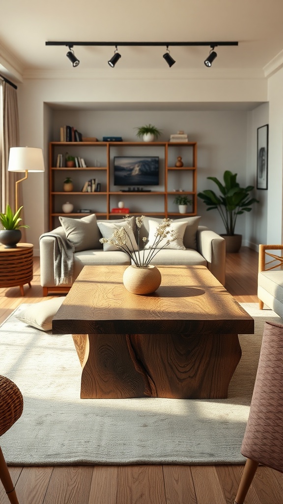 A cozy living room featuring a wooden center table, gray sofas, and decorative plants, with natural light illuminating the space.