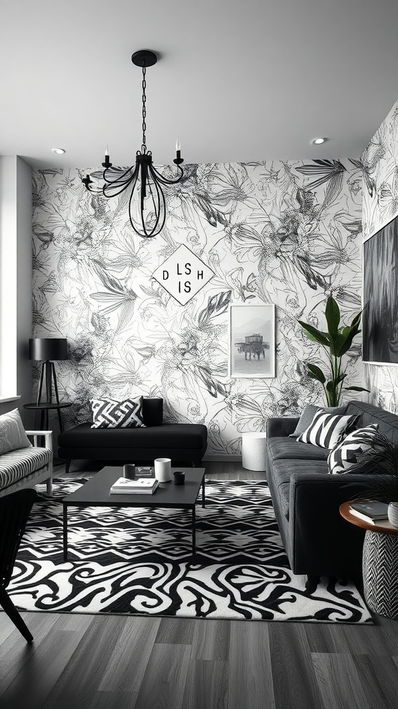 Modern black and white living room with floral wallpaper and geometric patterns