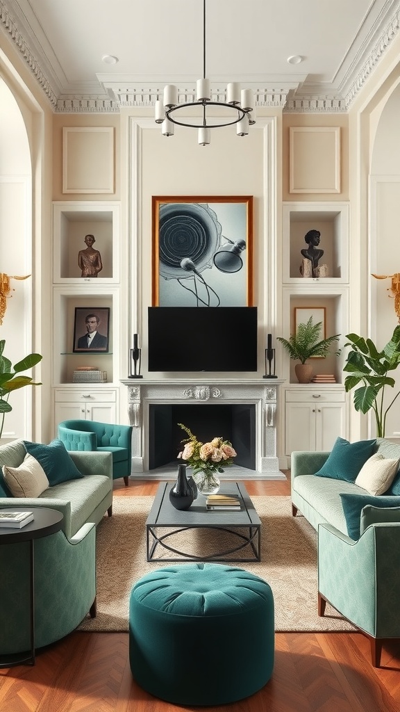 A stylish living room featuring cream walls and deep green furniture.