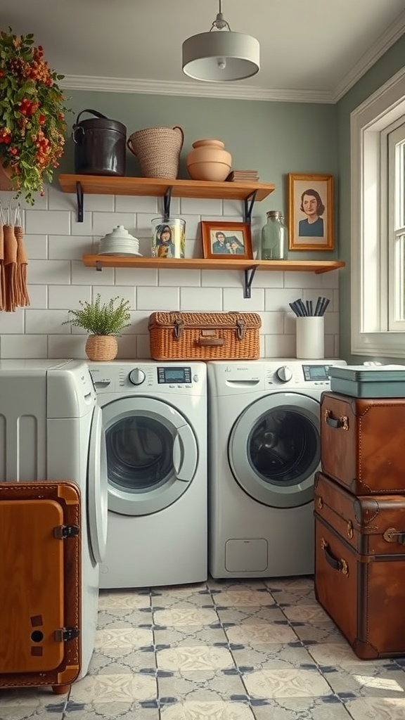A cozy laundry room featuring vintage suitcases for storage, with modern appliances and decorative shelves.