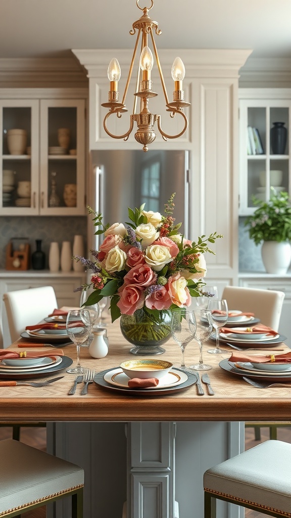 A beautifully set kitchen island dining table with a floral centerpiece, elegant tableware, and a chandelier above.