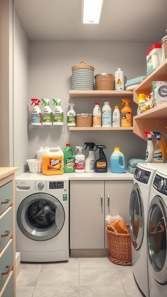 A well-organized laundry room with cleaning supplies on shelves and a washing machine.