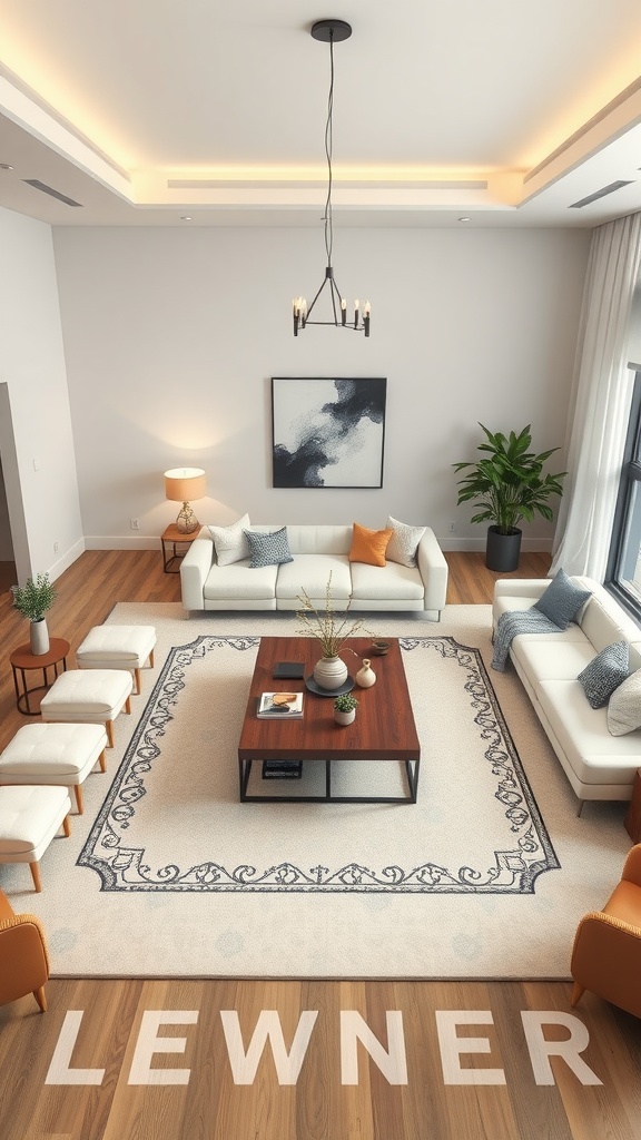 A stylish Scandinavian living room featuring a central wood coffee table surrounded by seating.