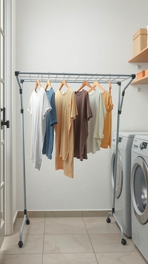 A fold-down drying rack with colorful shirts hanging in a modern laundry room.